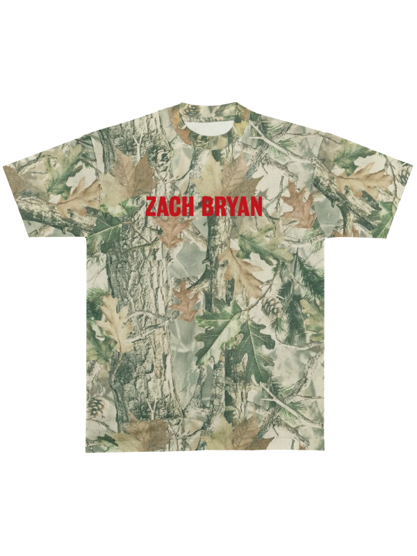 Woodland camo With Heaven On Top graphic T-shirt featuring red Zach Bryan lettering on the front.