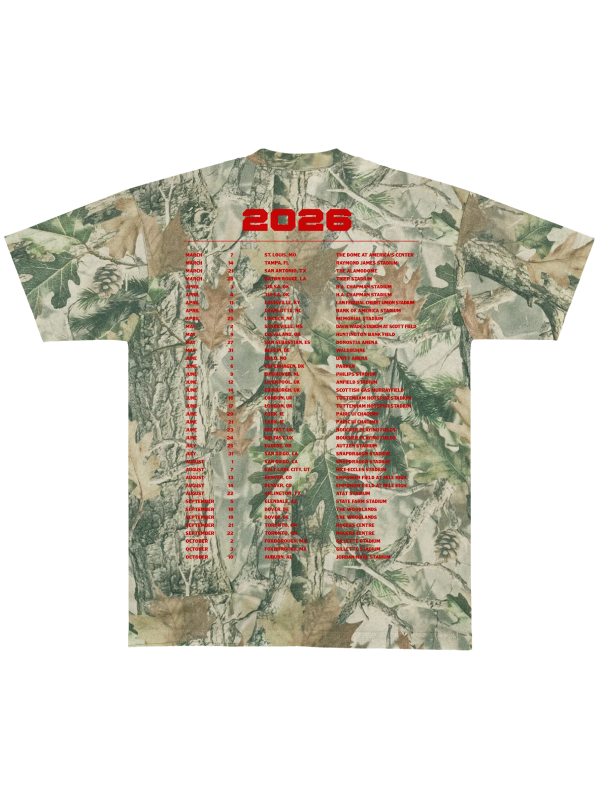Woodland camo With Heaven On Top T-shirt featuring a red 2026 tour graphic and detailed tour dates on the back.
