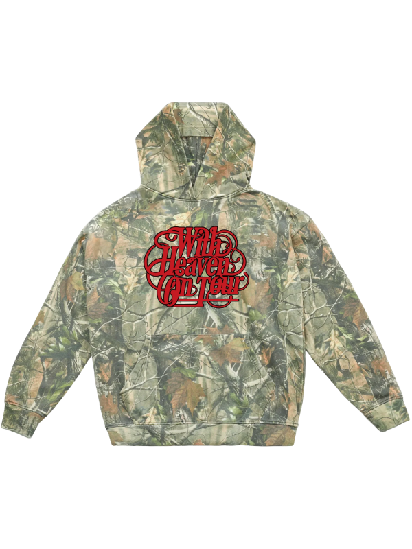 Woodland camo With Heaven On Top pullover hoodie featuring a bold red graphic on the front.