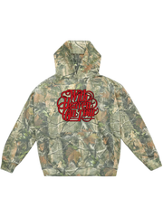 Woodland camo With Heaven On Top pullover hoodie featuring a bold red graphic on the front.