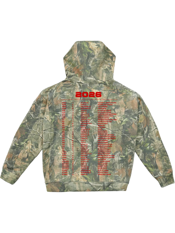Woodland camo With Heaven On Top hoodie featuring a red 2026 tour graphic and detailed tour dates on the back.