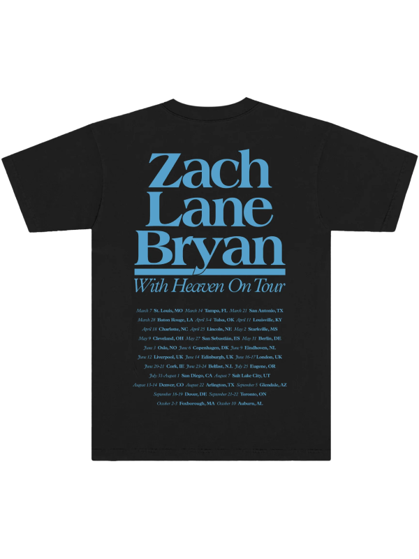 Black With Heaven On Tour graphic Tee featuring large blue Zach Bryan lettering and detailed tour dates on the back.