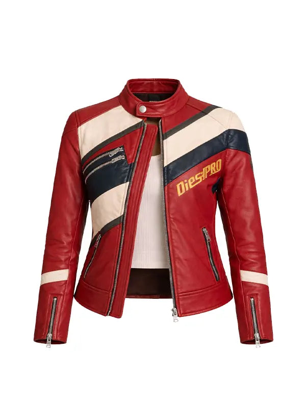 women’s red leather biker jacket