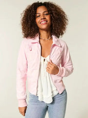Pink cropped zip-up trucker jacket front view worn