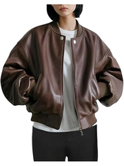 chocolate oversized leather varsity coat
