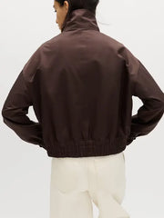 Womens Funnel Neck Brown Bomber Jacket