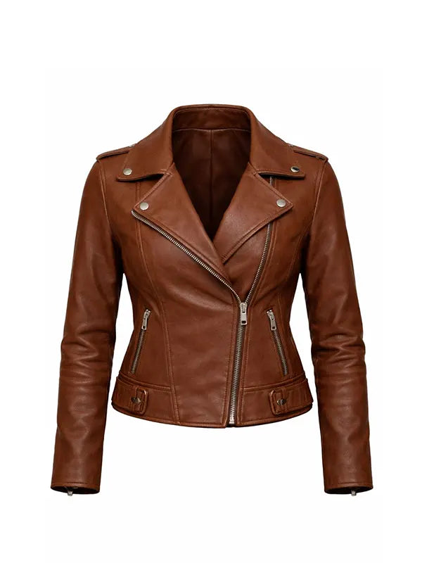 Womens Tan Brown Biker Leather Jacket