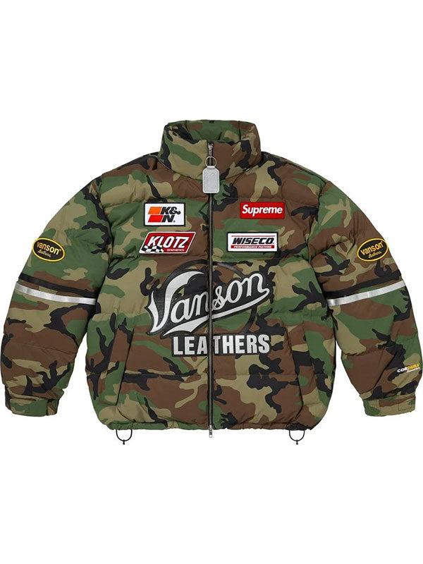 Woodland camouflage Supreme Vanson puffer jacket front view showing stand collar