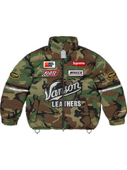 Woodland camouflage Supreme Vanson puffer jacket front view showing stand collar