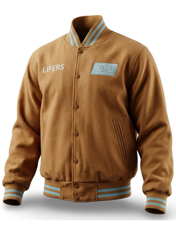 Jet-Life Lifers brown wool varsity jacket front view product shot