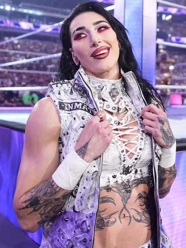 Rhea Ripley Gothic punk vest styled by Rhea Ripley during live arena performance