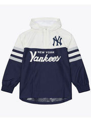 New York Yankees navy head coach anorak hoodie windbreaker front view flat lay
