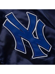 NY Yankees logo patch close up satin bomber jacket detail